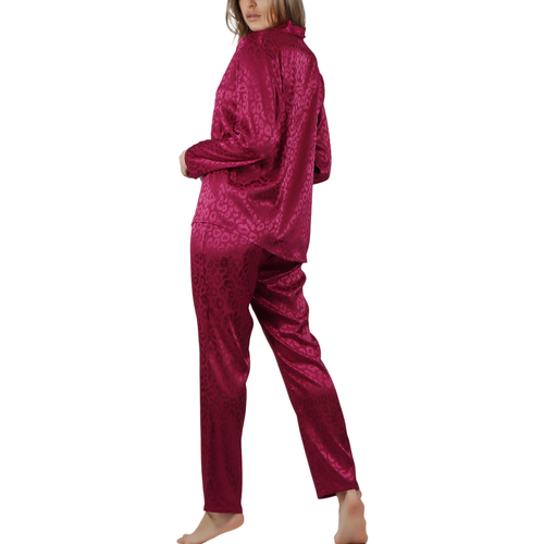 Admas - Pijama pantalón camisa Satin Leopard Rojo