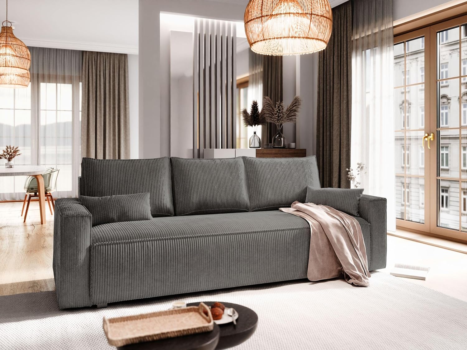 Masseno Sofa MENI mit Schlaffunktion, Sofa mit Bettkasten, Wohnzimmersofa, Couch, Soffa, Bettsofa, Couchgarnitur- Graphitfarben, POSO 34