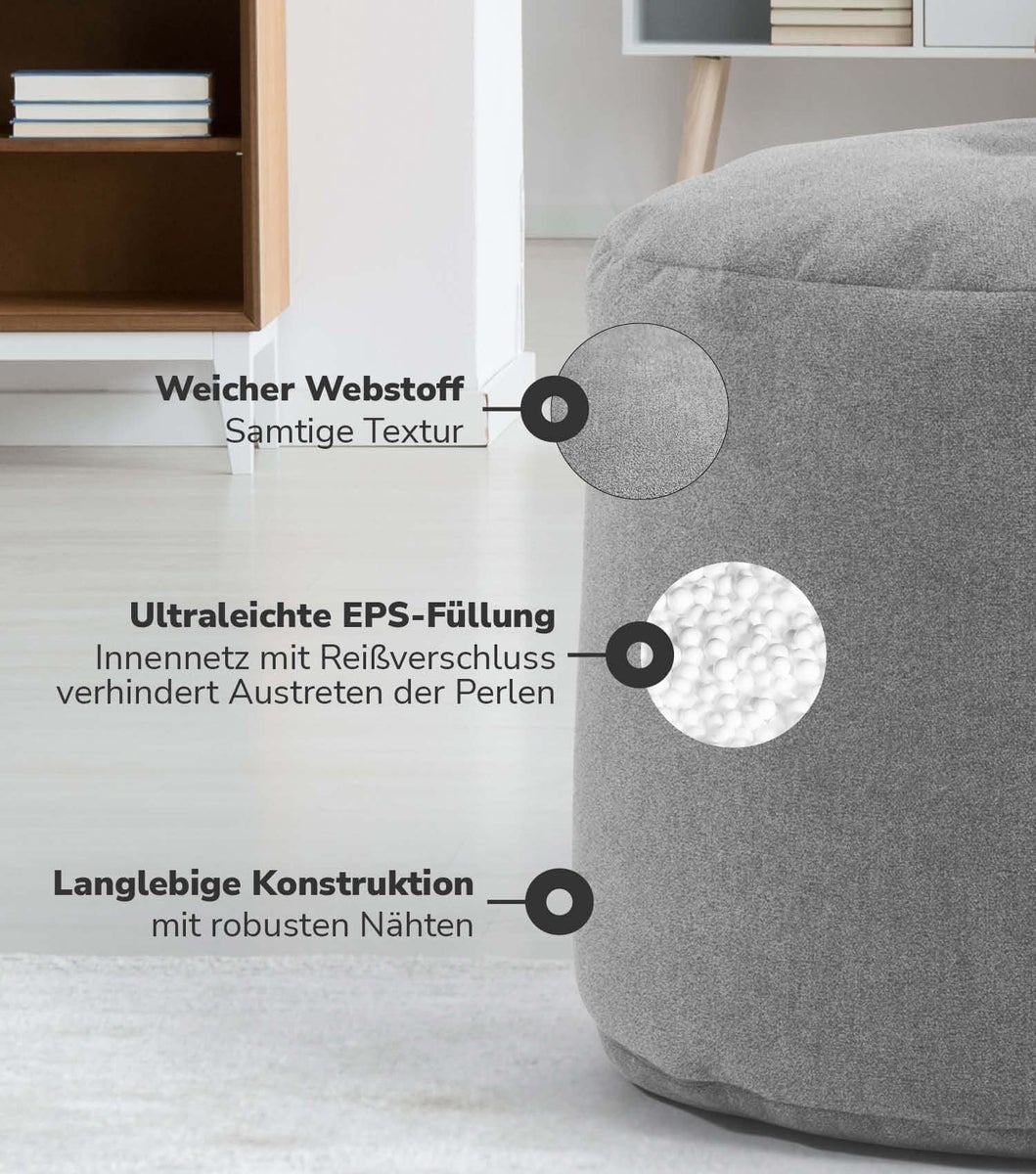 mokebo Mini poef of kruk 'The Relaxing Pouf', bijzettafel, zitkruk of voetenbankje in grijs