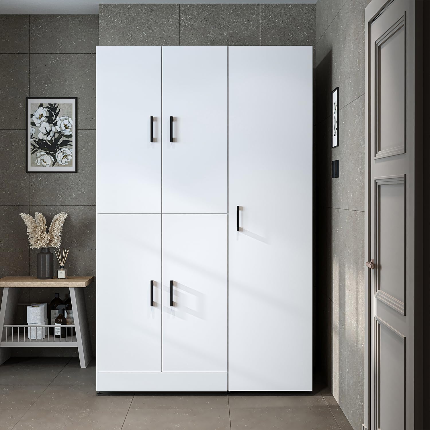 ROOMART Dora - Armoire de machine à laver - Pour sèche-linge et machine à laver - En 4 couleurs - Avec portes et panneau coulissant - Blanc - Chêne blanc - Chêne anthracite - Chêne blanc (chêne blanc)