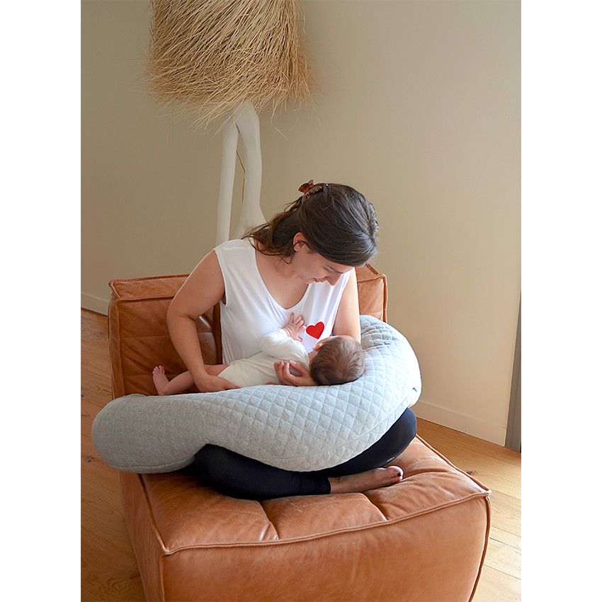 Coussin d'allaitement et de maternité Big Flopsy™ fleur de coton - Gris chiné - Ecru