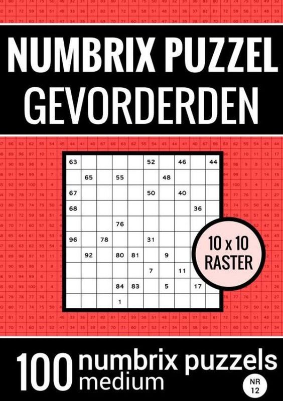 Puzzelboek - 100 Numbrix Puzzels - Medium - A5 Formaat - Zwart/Wit - Paperback