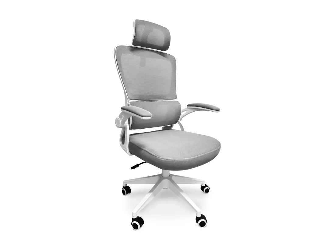 Lyn - Chaise de bureau ergonomique réglable en hauteur, avec appuie-tête, rembourrage lombaire et roulettes - couleur blanc et gris