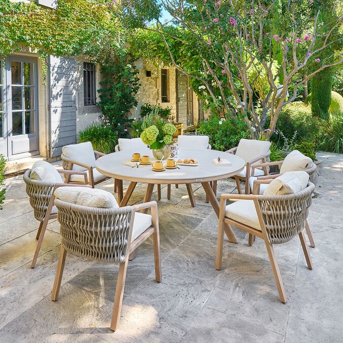 Ensemble table de jardin fixe ronde NELORA + 8 fauteuils MYLORE Ficelle & Miel