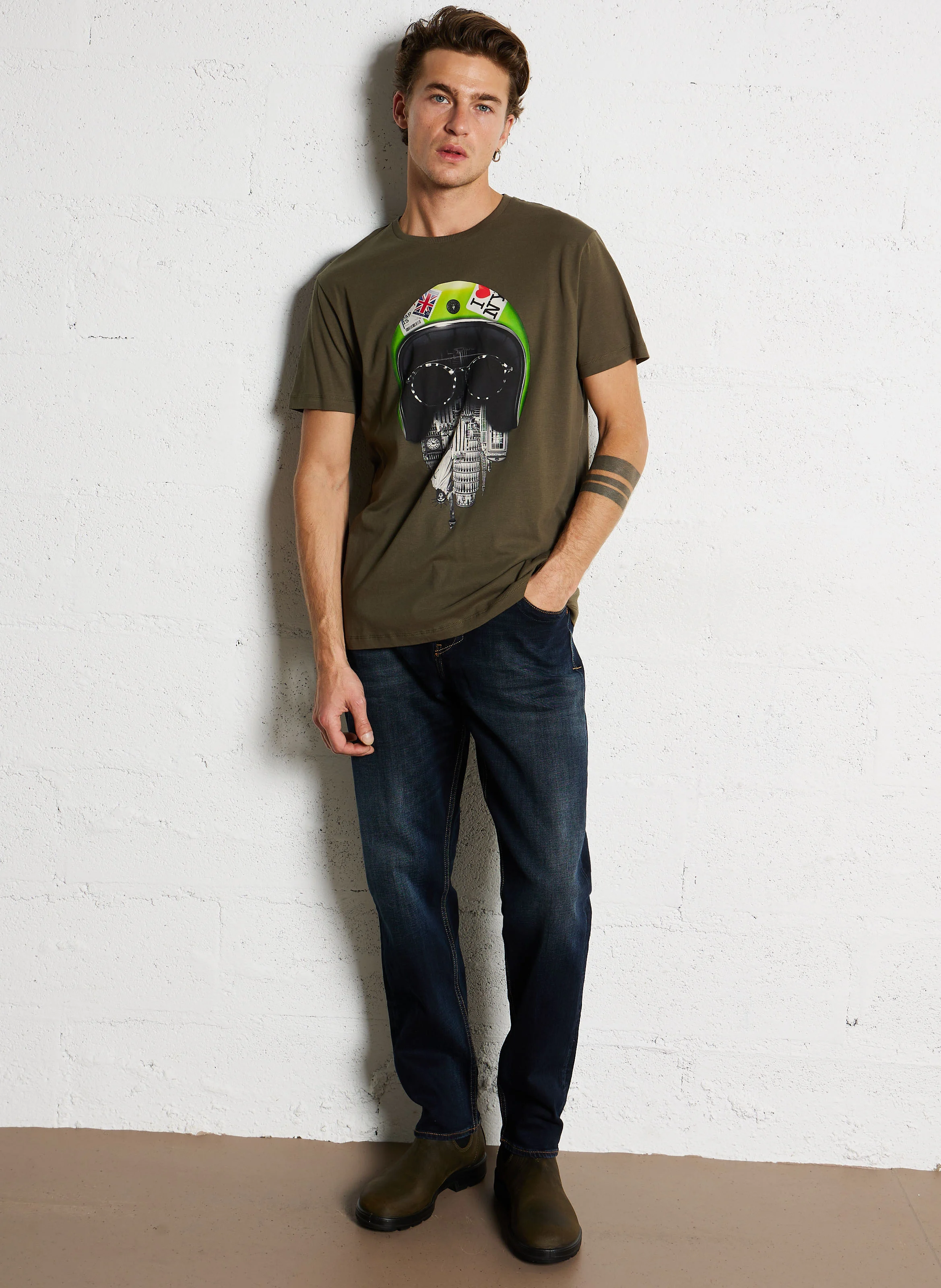 WENBY - Tee-shirt col rond ample en coton sérigraphié | Kaki