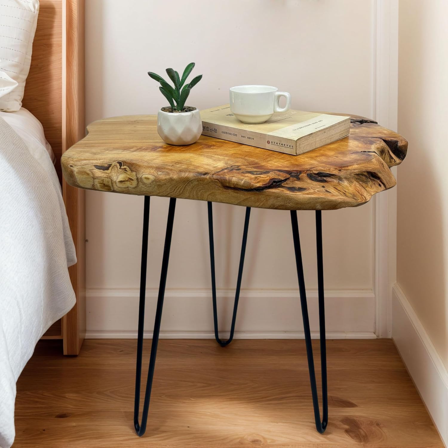 Live Edge Couchtisch, einzigartiger Couchtisch aus Echtholz, Beistelltisch aus Naturholz mit Metall-Haarnadelbeinen, 58,4 cm B x 34,3 cm T x 43,2 cm H für Wohnzimmer, Schlafzimmer, Büro