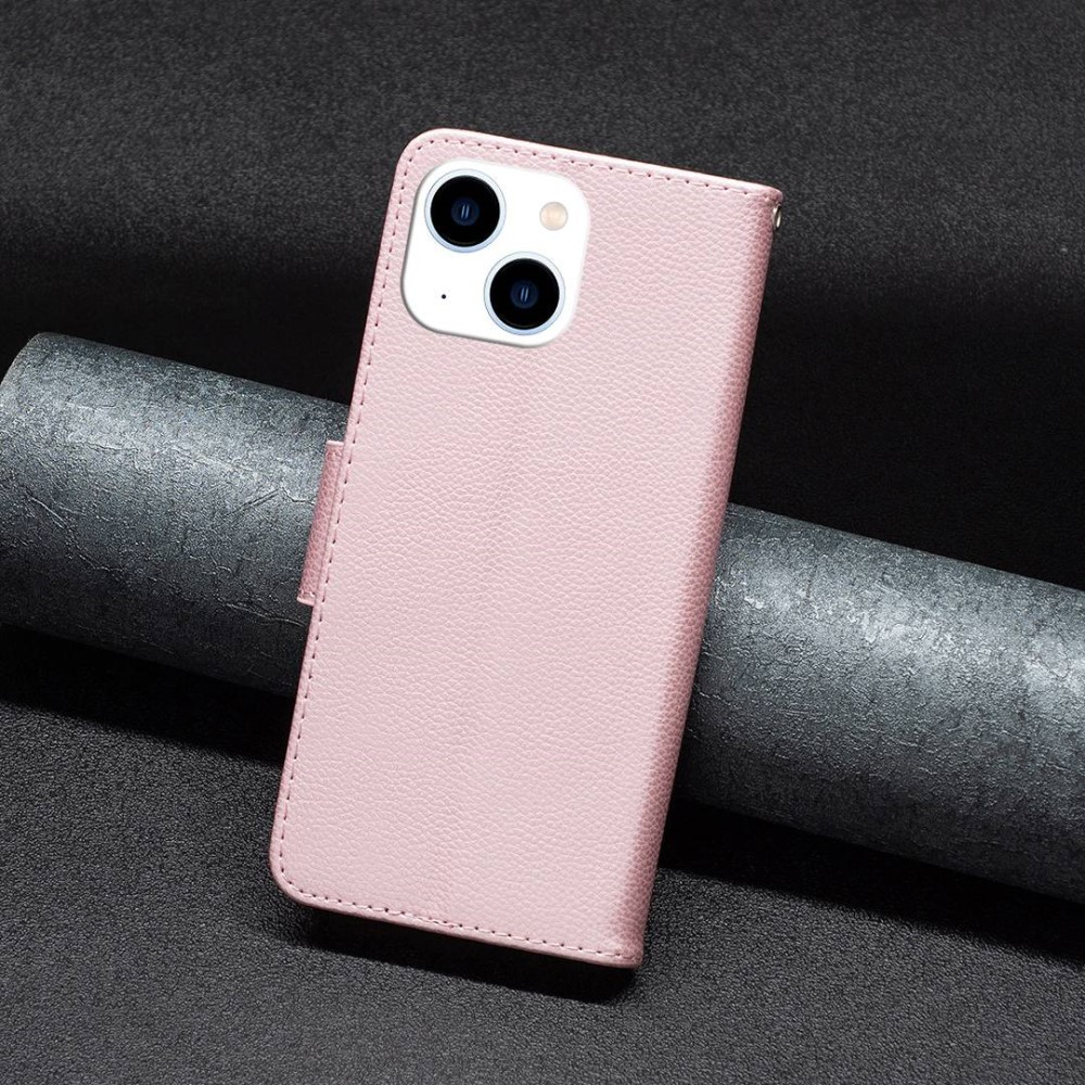 iPhone 14 Leder Tasche Flip Cover im Litchi Look mit Kartenfach   Handschlaufe - Roségold
