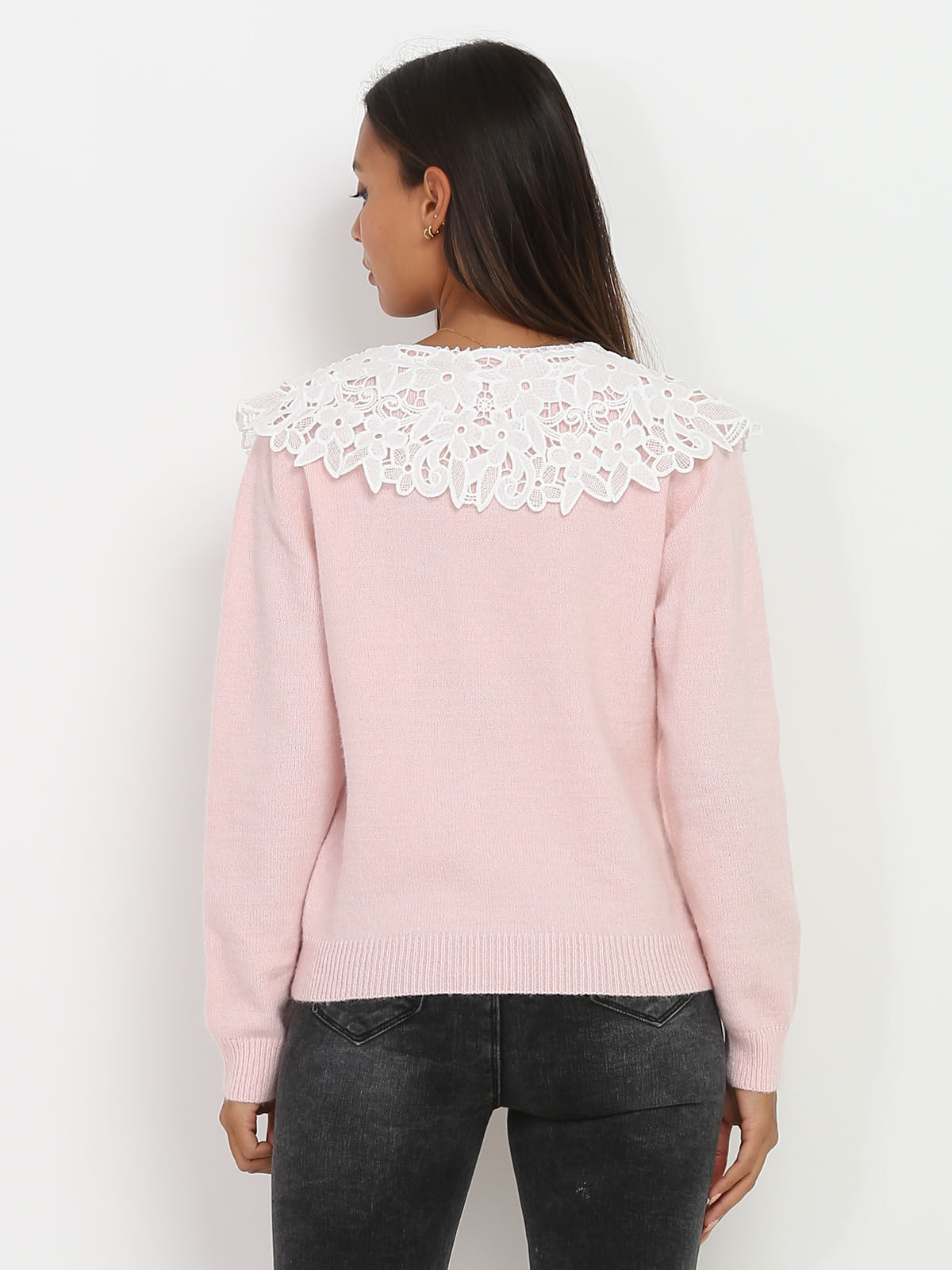 Pull à col claudine XL en dentelle- Rose
