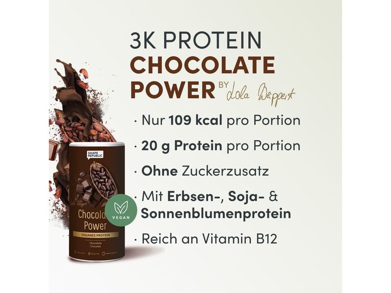 Shape Republic 3K Protein vegan Schokolade 420 g Veganes Proteinpulver mit Süssungsmitteln und Schokoladengeschmack