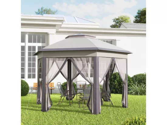 Tonnelle de Jardin Portable 4x4m - Pavillon Pop-up - 2 toit hexagonal - 6 porte à fermeture éclair - Beige