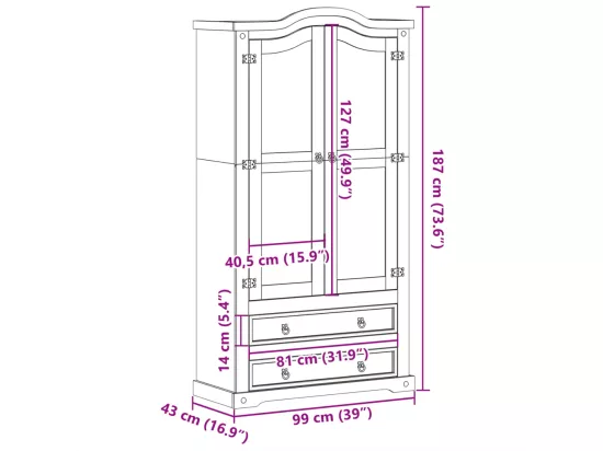 Vitrine en verre Corona 99x43x187 cm bois massif de pin