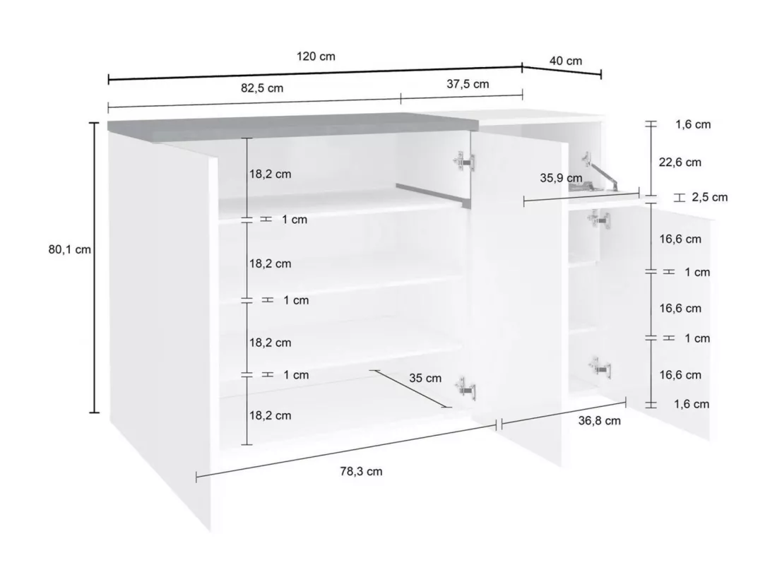 Étagère à chaussures Dmessia, Meuble polyvalent avec 3 portes et 1 porte abattante, Étagère à chaussures d'entrée, 100% Made in Italy, 120x40h80 cm, Blanc brillant et ardoise