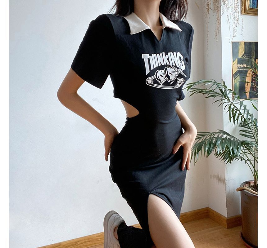Sugarcoat - Midi-jurk met korte mouwen, kraag en letters, split