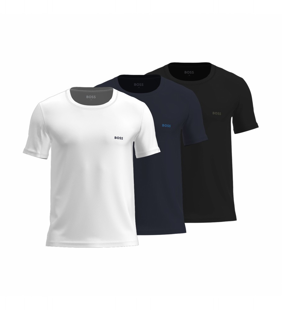 Conjunto BOSS com 3 camisetas básicas nas cores azul-marinho, preta e branca.