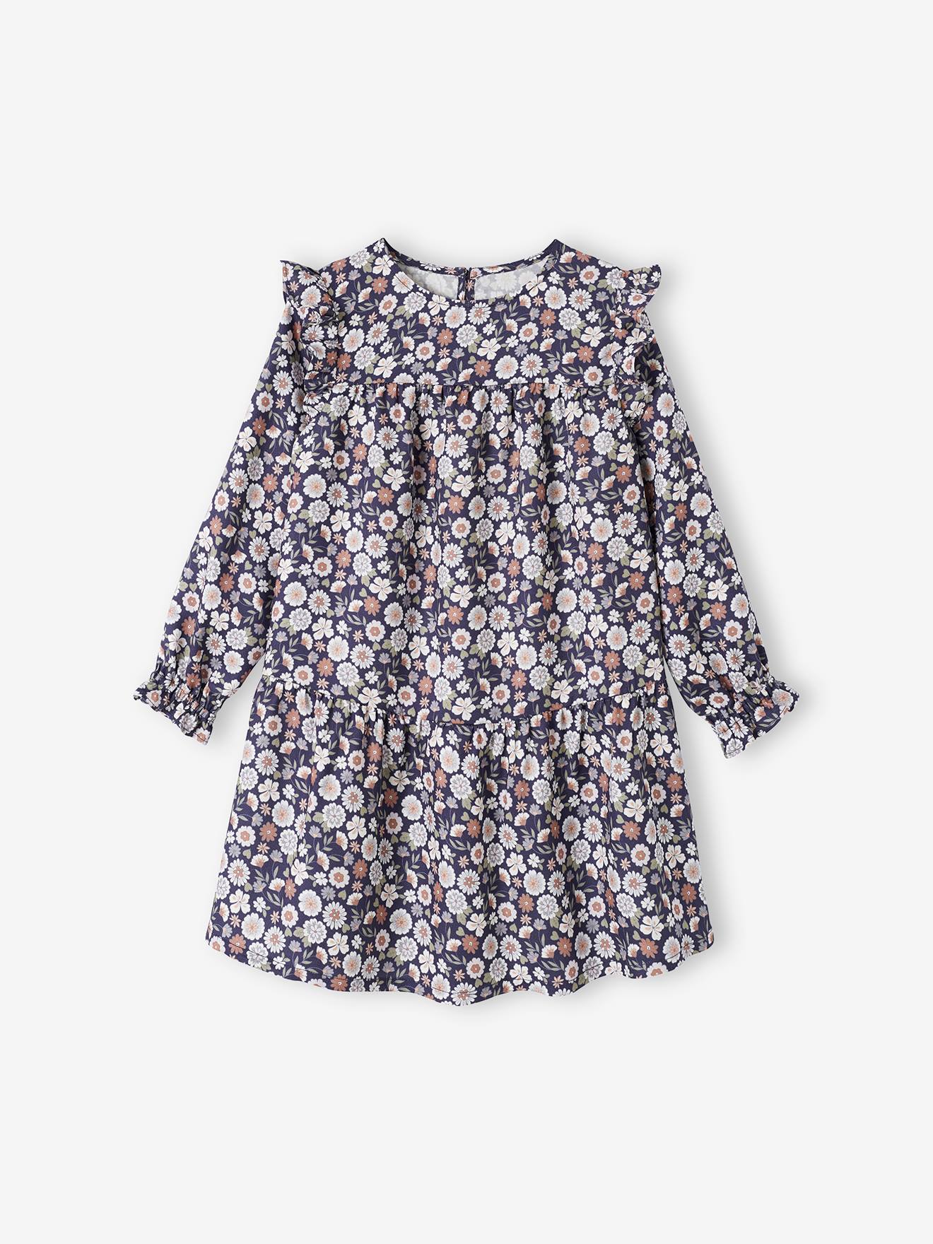 Vestido fluido com babados e motivos florais, para meninas, azul escuro