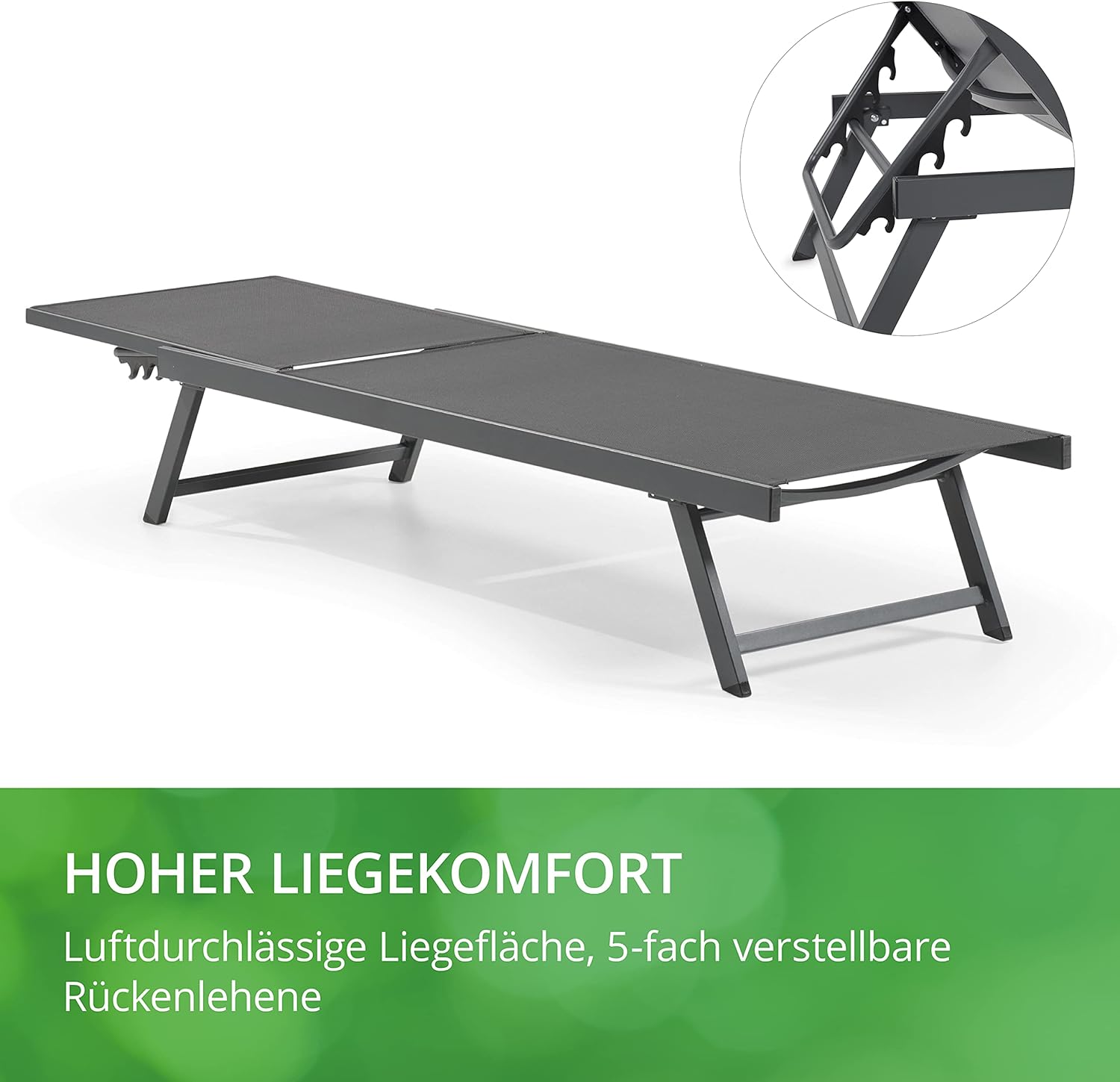 Leco-Sonnenliege Elina – Formschöne Aluminium-Gartenliege mit 5fach Verstellbarer Rückenlehne und einklappbaren Füßen – Gestell Anthrazit