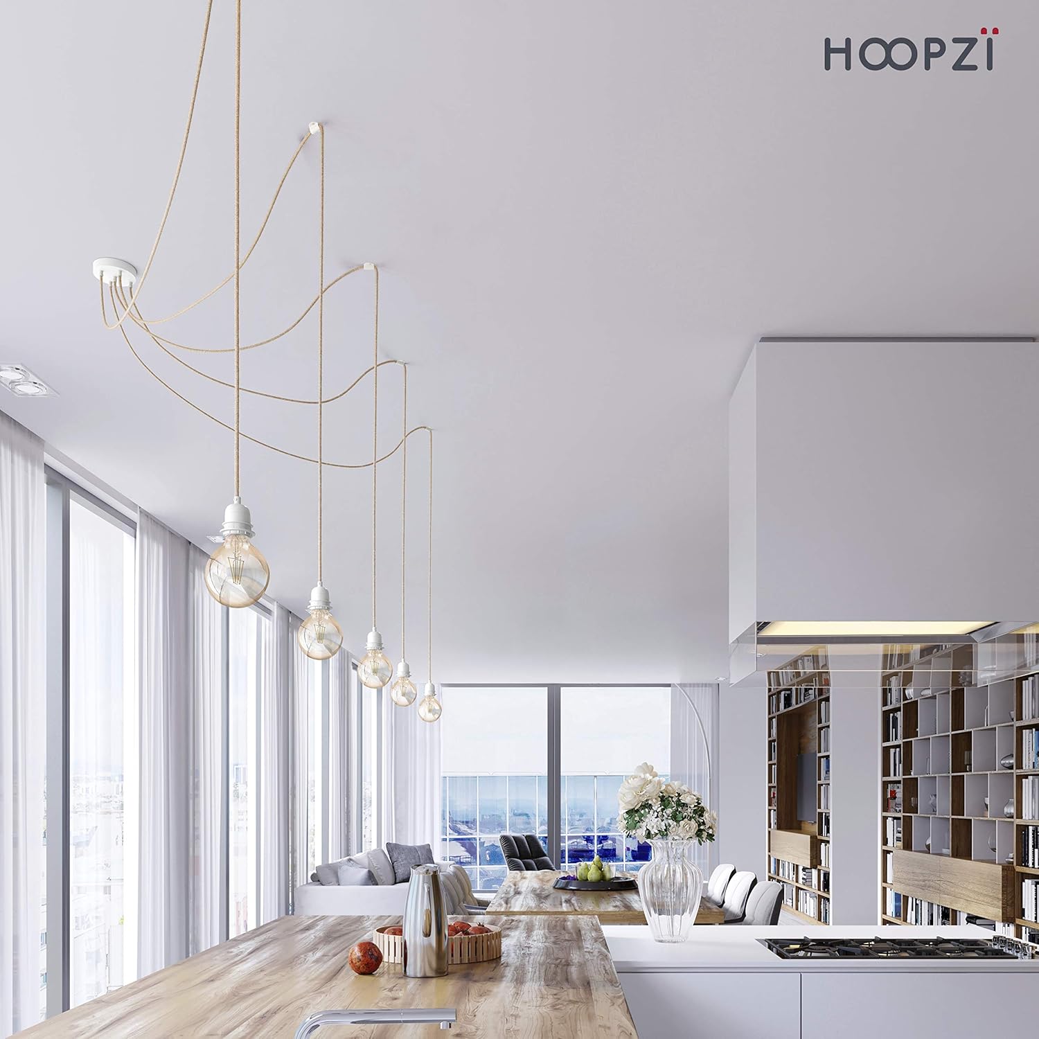 Hoopzi - Pendelleuchte 5 Flamming - 3,5m Textilkabel Seil und Weiß - 5 X E27 Fassung - Vintage, Industrial Für Esstisch, Wohnzimmer, Esszimmer, Zimmer, Schlafzimmer, Küche