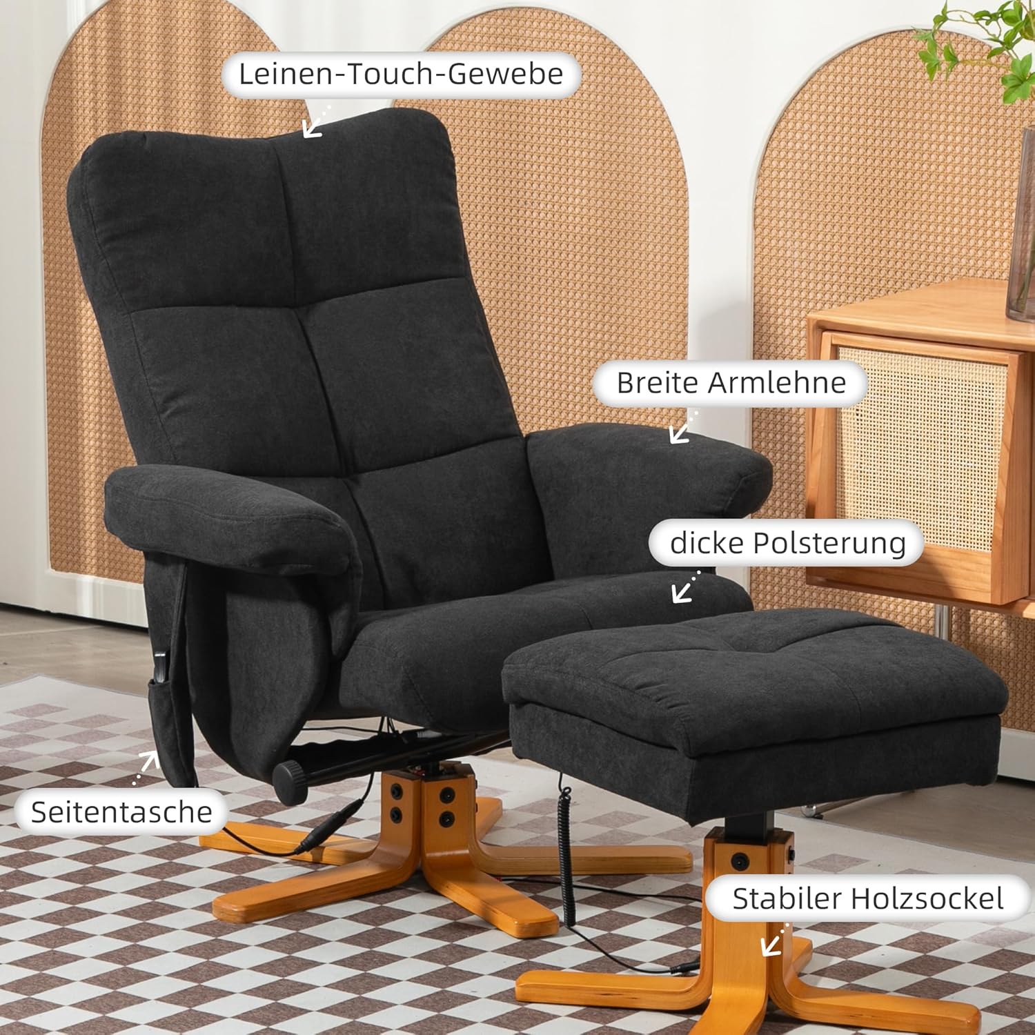 HOMCOM Relaxsessel mit Hocker, 360°drehbarer Fernsehsessel mit Massage, Liegefunktion, Massagesessel mit Seitentasche, TV-Sessel, Polyester für Wohnzimmer Schwarz