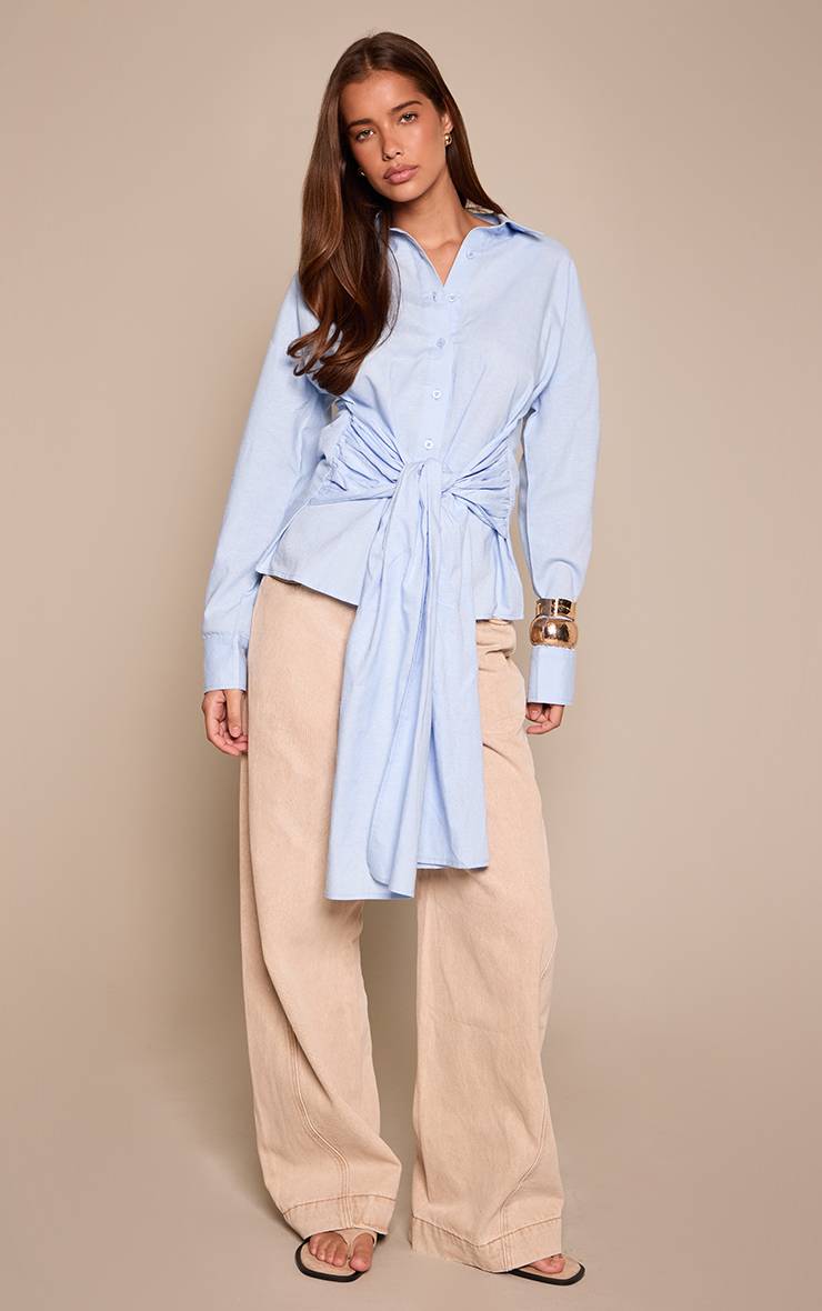 Bleu Clair Chemise En Mélange Coton Lin Avec Détail Drapé