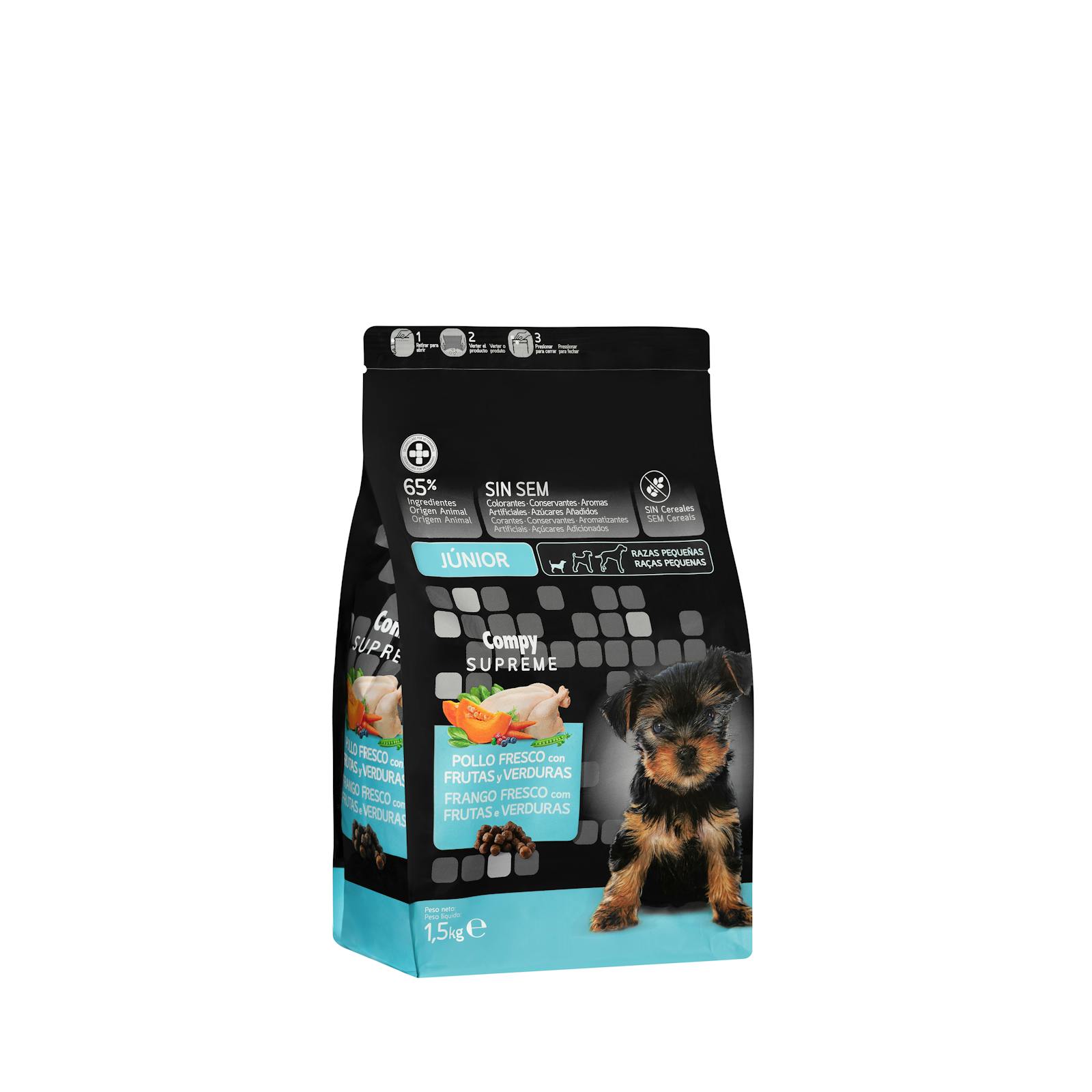 Croquettes pour chiens junior Supreme Compy au poulet frais, fruits et légumes