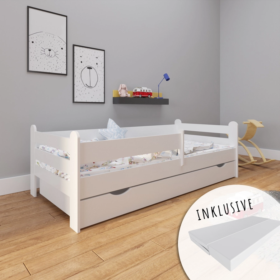 Kids Collective Kinderbett 80x160 | 80x180 | 90x200 cm mit Rausfallschutz, Schublade weiß mit Matratze