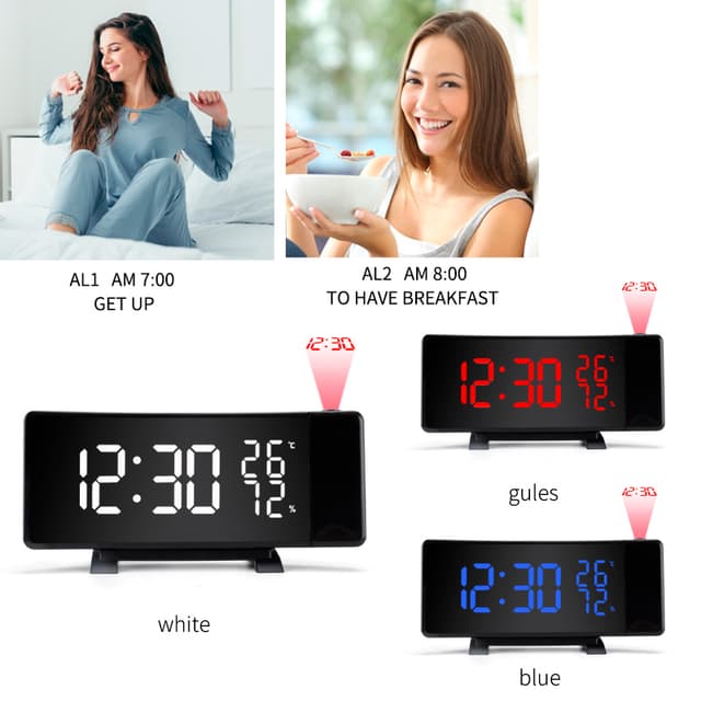 Multifunktionelt LED-projektion vækkeur / temperatur / fugtighed / snooze