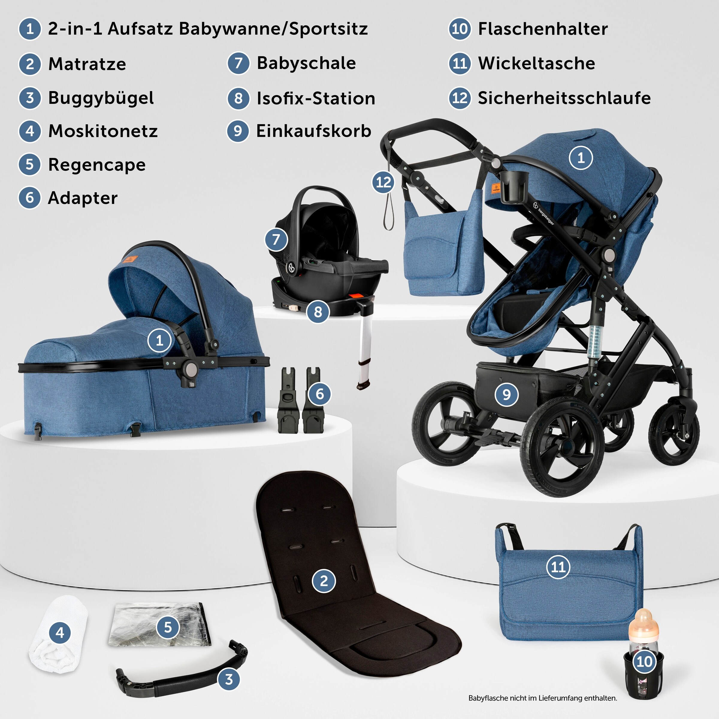 Bergsteiger Kinderwagen Nizza + Babyschale blue | Gestell: black