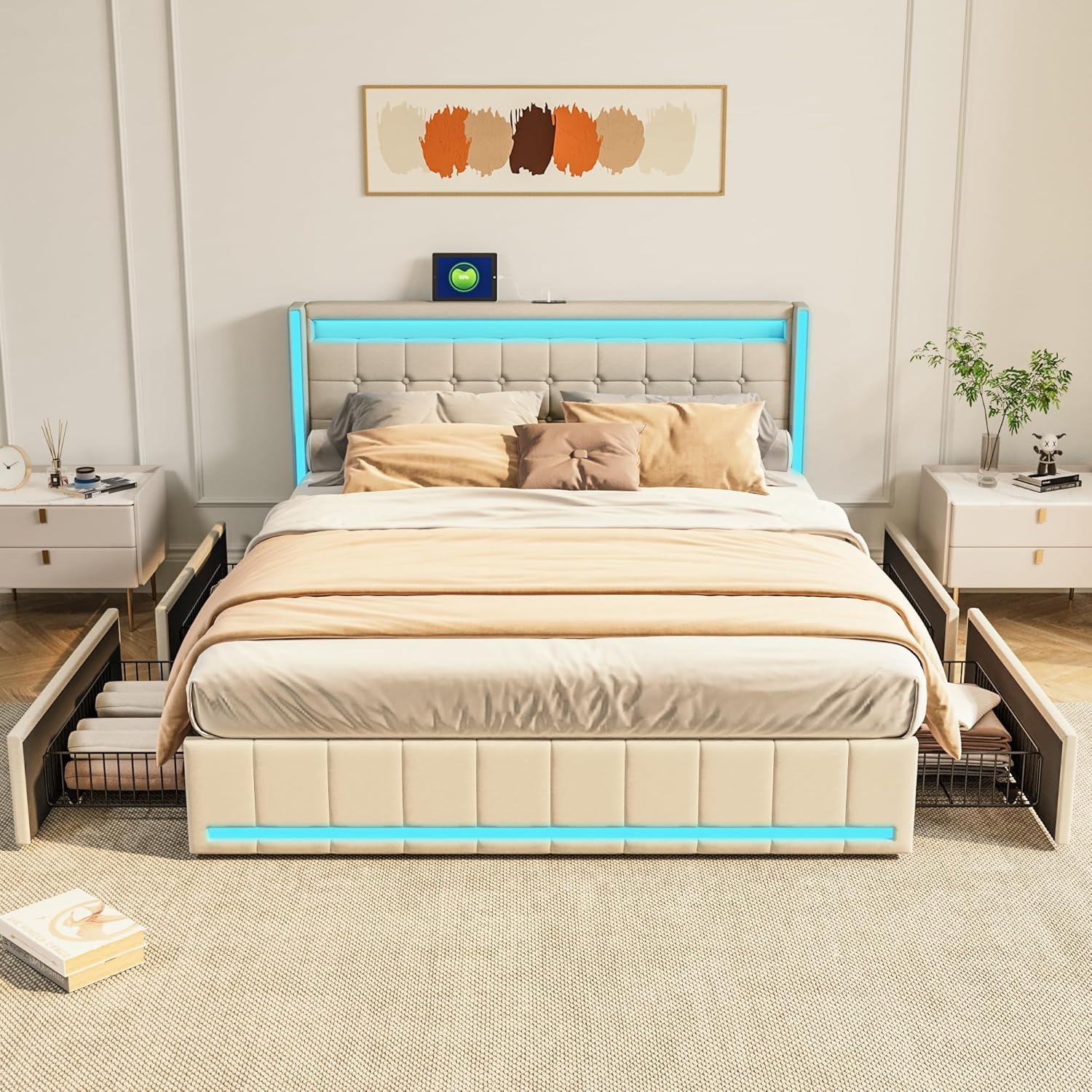 Polsterbett Doppelbett 180x200cm mit stauraum,Stauraumbett mit 4 schubladen,LEDbett kopfteil mit USB-Ladefunktion,Leinen (Beige, 180x200 cm)
