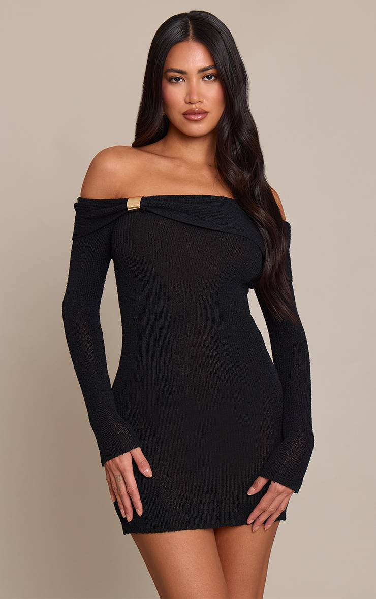 Noir Robe En Maille À Encolure Bardot Avec Détails Dorés