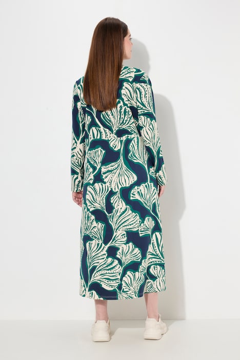 Maxi-Sweatkleid, Blätter, Wasserfall-Ausschnitt, Langarm