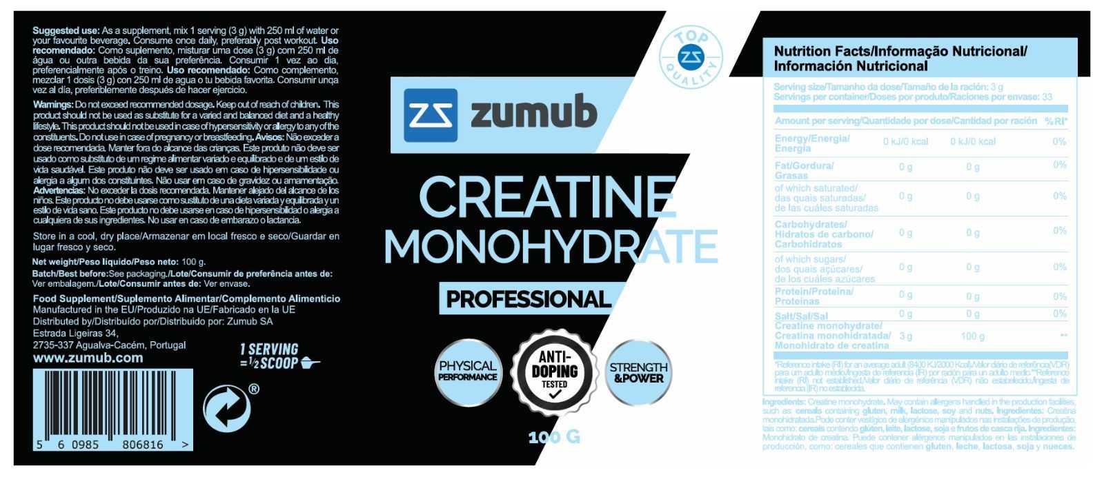 Creatina Monohidratada Zumub Professional 100 g