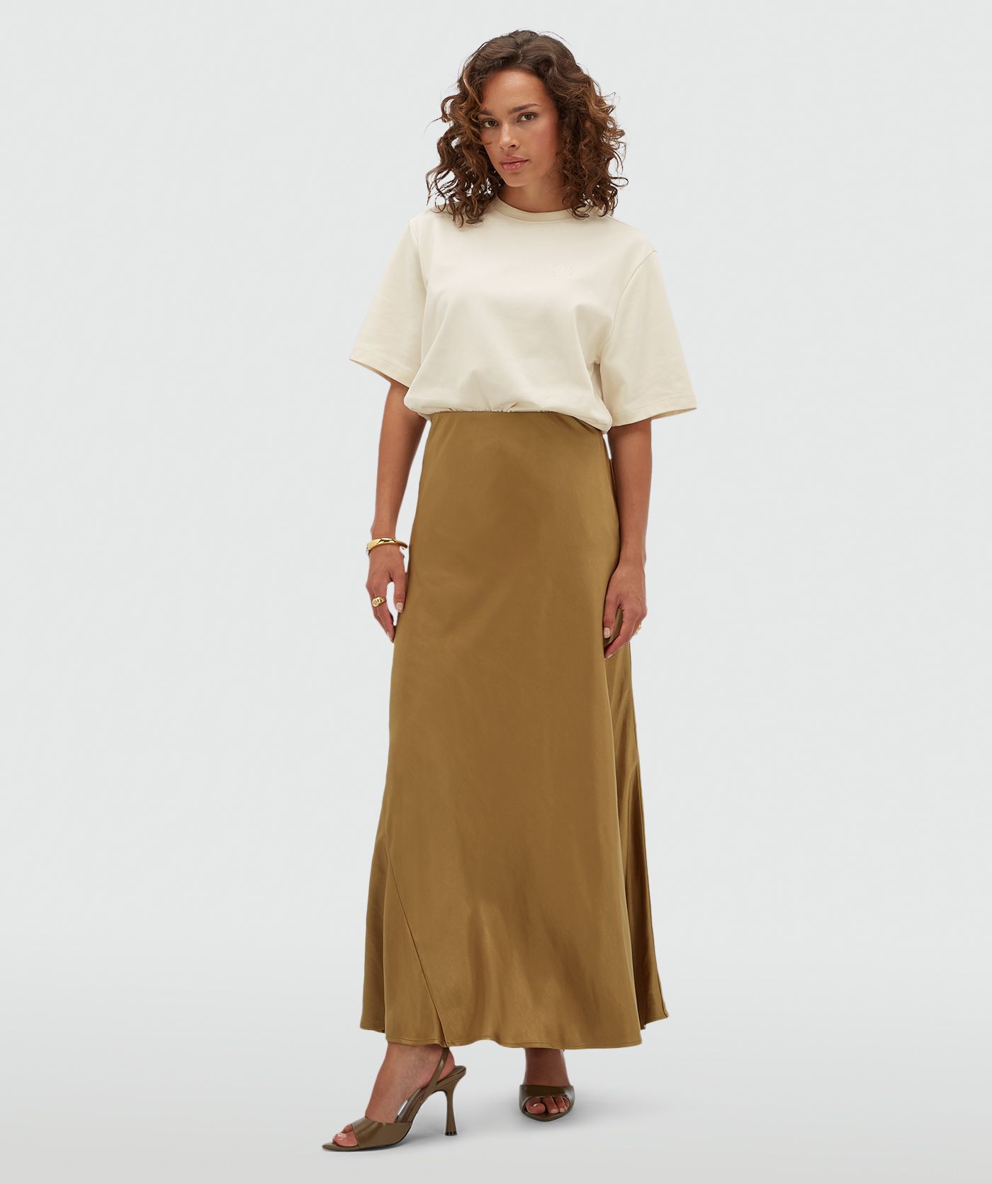 JV-COSETTE high waisted maxi rok in satijn look - khaki