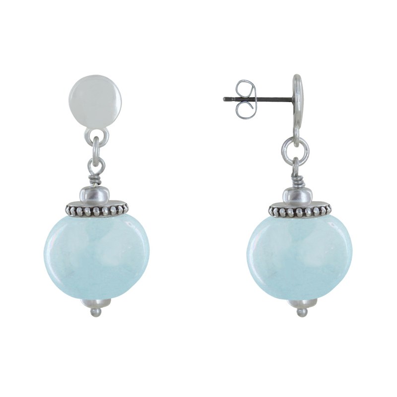 Boucles d'Oreilles Clous Métal Argenté et Grosses Perles en Céramique