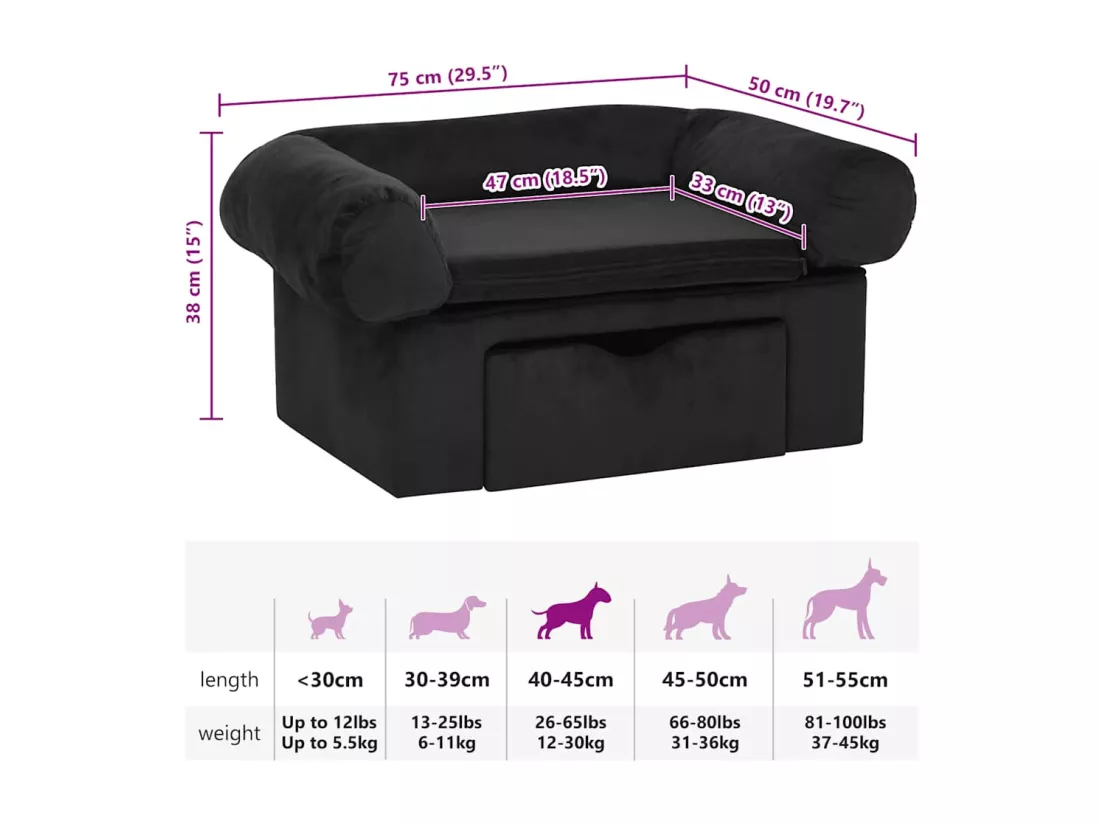 Canapé pour chien avec tiroir Noir 75x50x38 cm Peluche