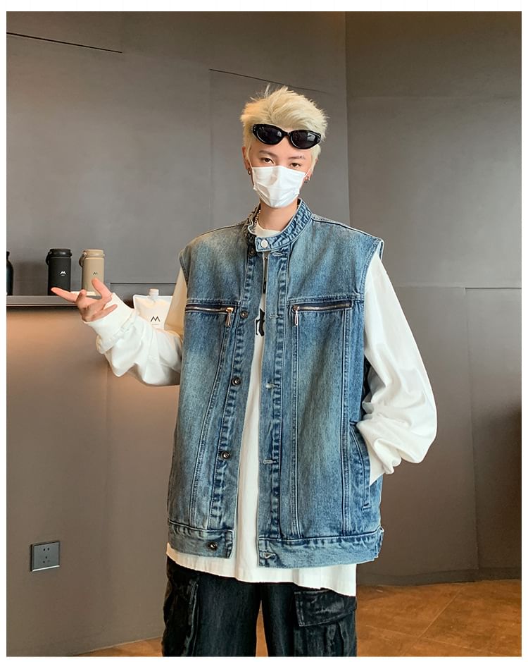 Hushgrain - Denim vest met opstaande kraag en knoopjes