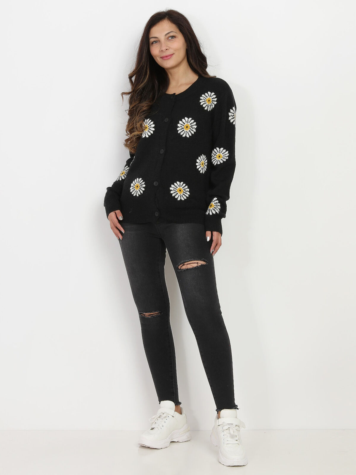 Gilet en maille à motif floral- Noir