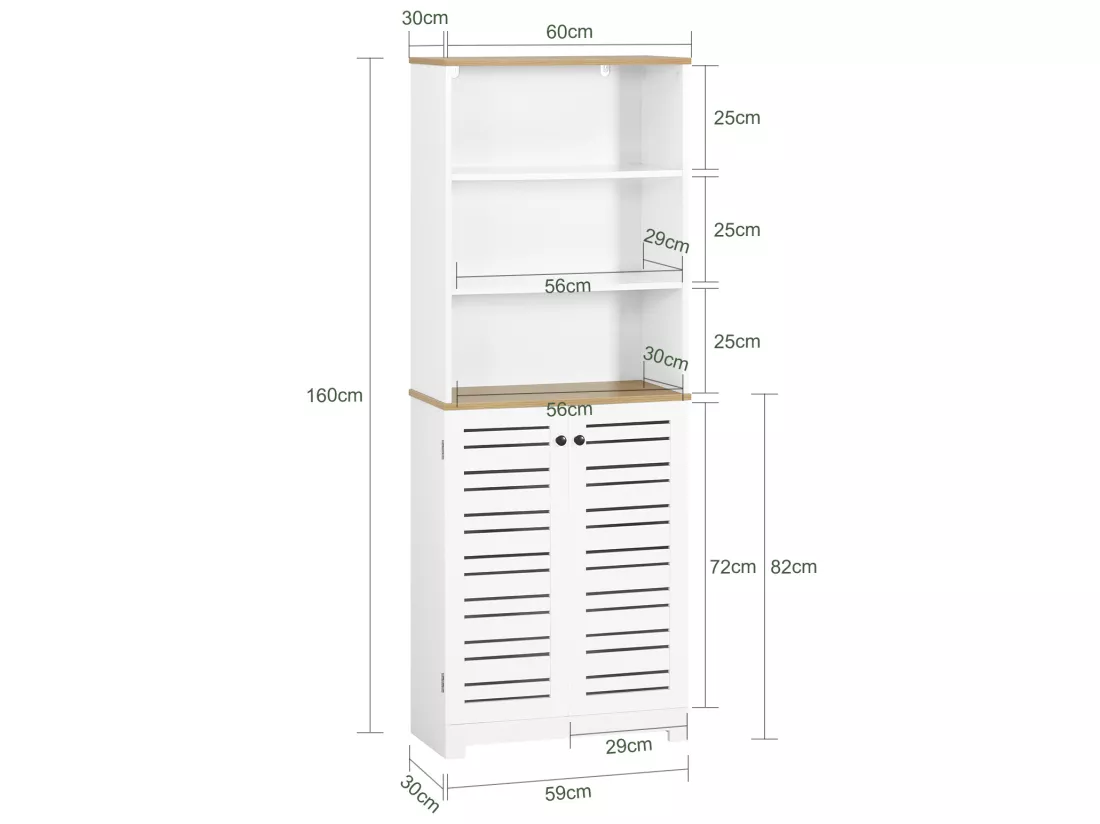 Meuble Colonne De Salle De Bain Armoire Haute Avec 3 Etagères Et 2 Portes Persiennes, BZr44-w