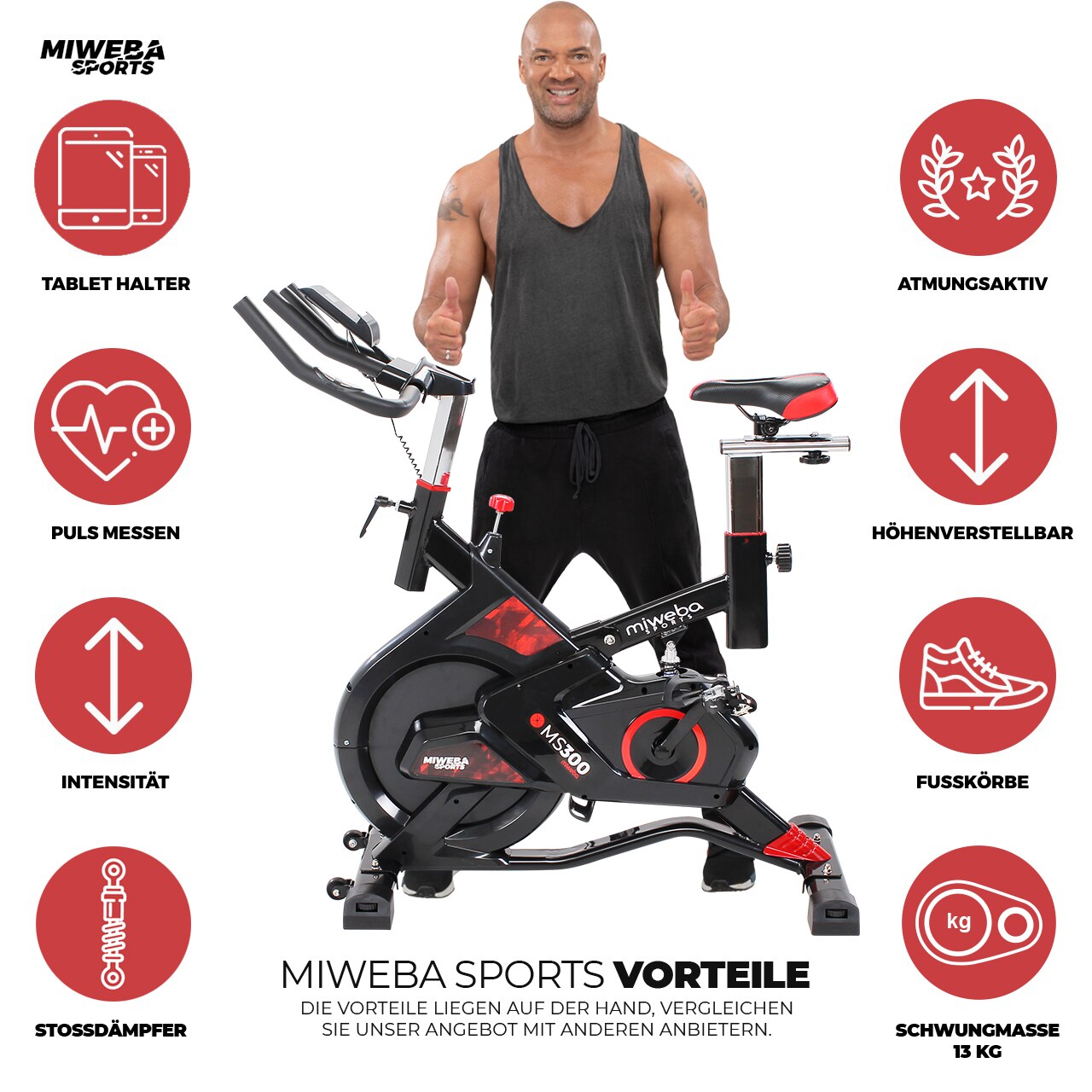 Miweba Sports Indoor Cycle MS300, 13 kg Schwungrad, für zuhause geeignet (Schwarz)