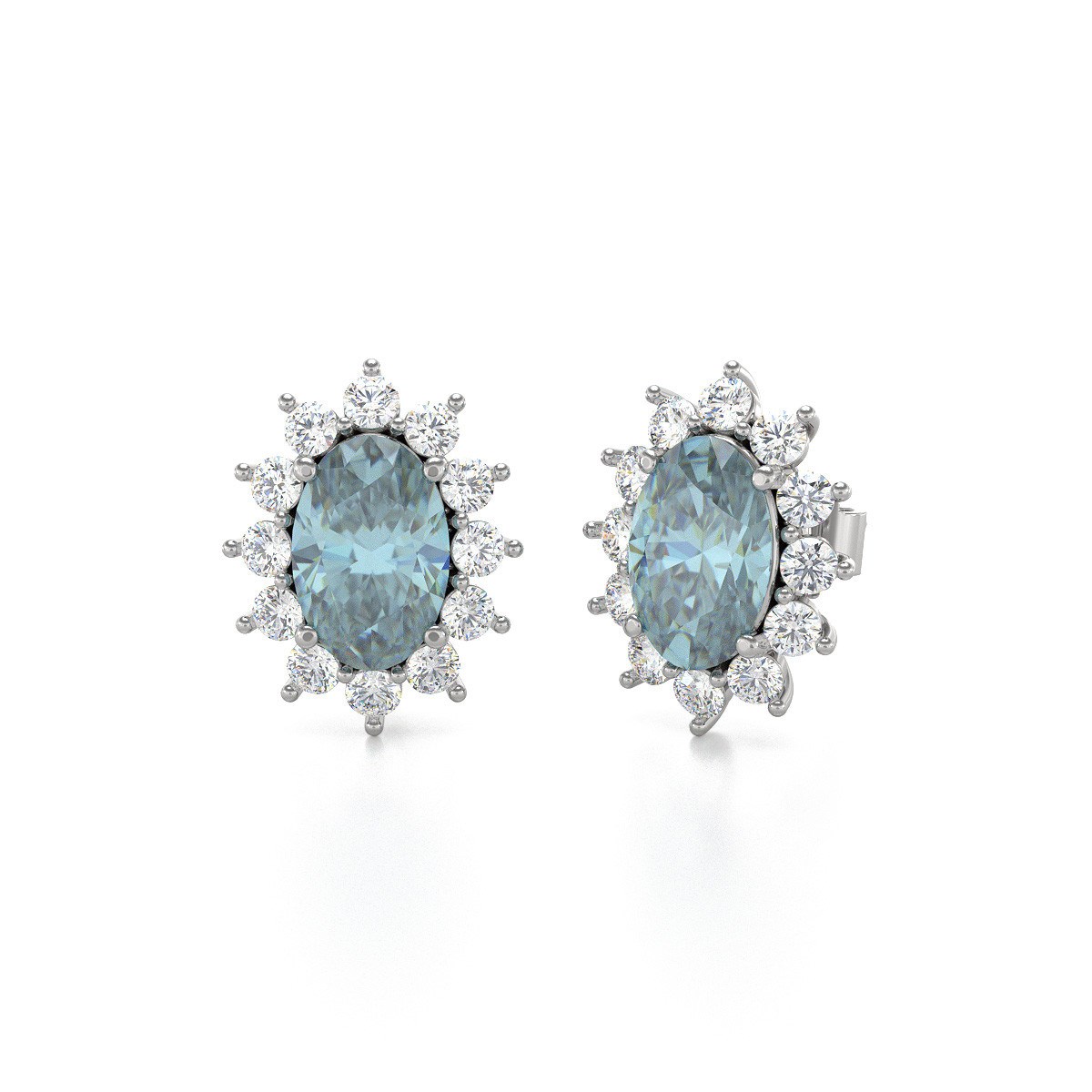 Boucles d'oreilles ADEN Or 585 Blanc Fleur Aigue-Marine et Diamants 1.4grs