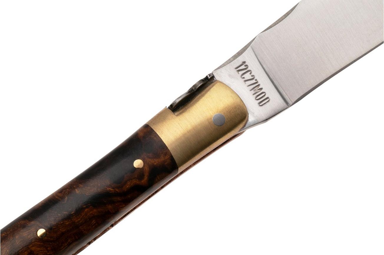 Laguiole en Aubrac Le Bijou L0212LCHB/WCBJ Ironwood Burl, Handcarved Copper Plates, Matt Brass Bolsters, zakmes, 12 cm