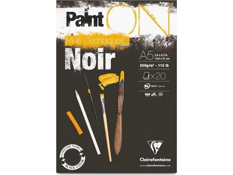 Paint-On Blok A5 250g med 20 ark sort papir, multi teknik, toplimet tegneblok