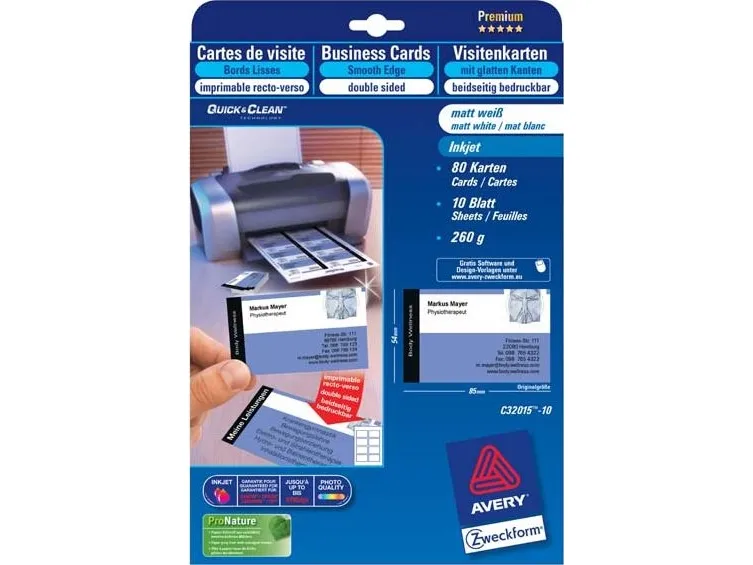 Avery Quick&Clean - Mat - belagt - hvid - 220 g/m² - 10 stk. 8) visitkort