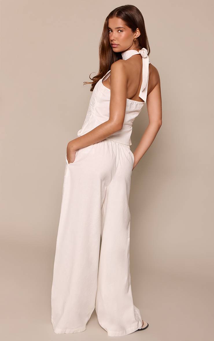 Blanc Pantalon Coordonné En Coton Avec Détail Brodé Soleil