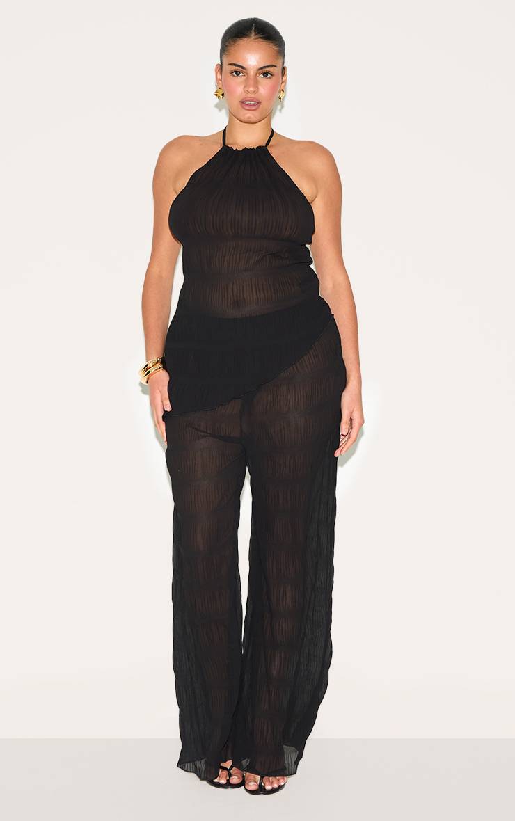 Noir Ensemble Coordonné Grande Taille Haut Long Asymétrique Transparent Dos Nu En Tissu Texturé