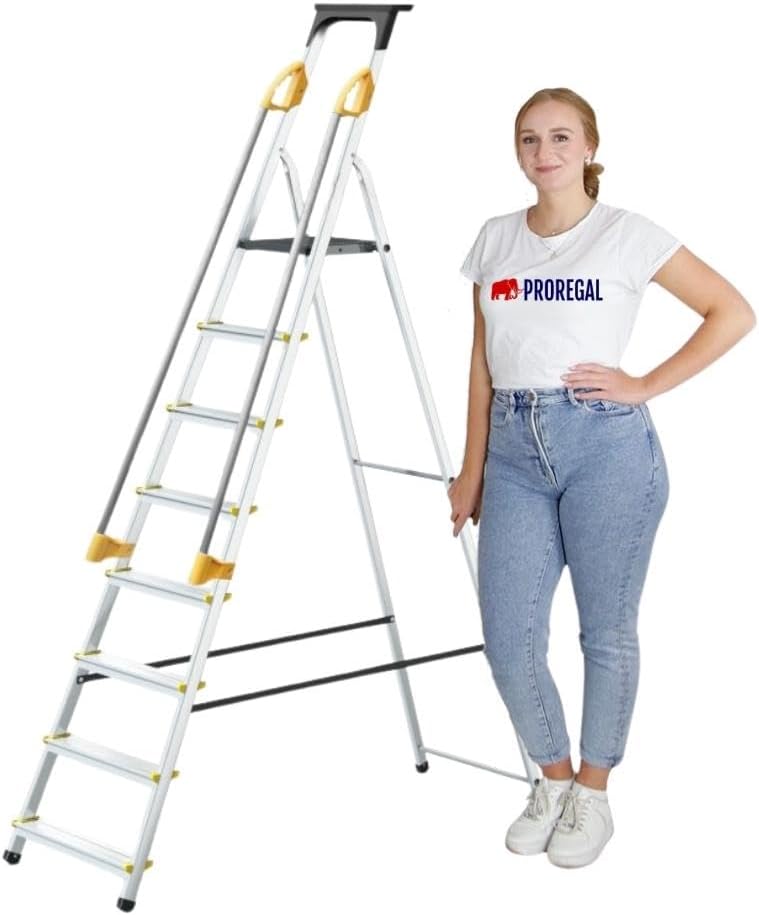 PROREGAL Trapladder met gereedschapsplank en leuning Economy Basic Enkelzijdige toegang 8 treden Werkhoogte 3,62 m Draagvermogen 150 kg