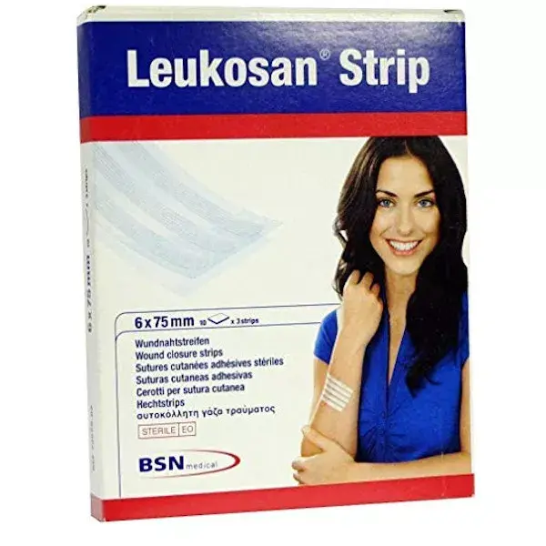 Tiras adesivas BSN Medical Leukosan Strip, 6 x 75 mm, pacote com 3 unidades.