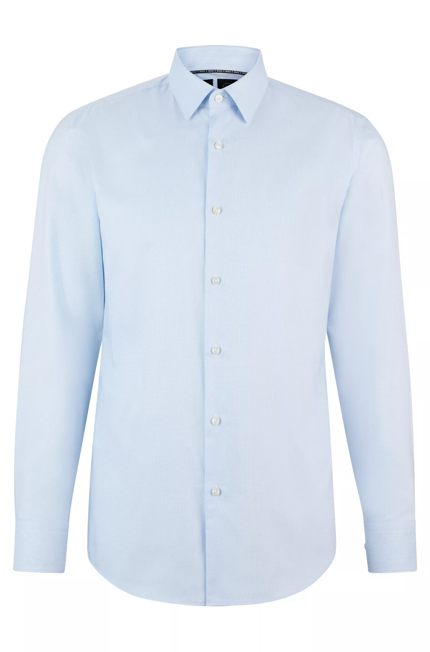 Camisa BOSS preta de corte slim em algodão estruturado de alto desempenho.