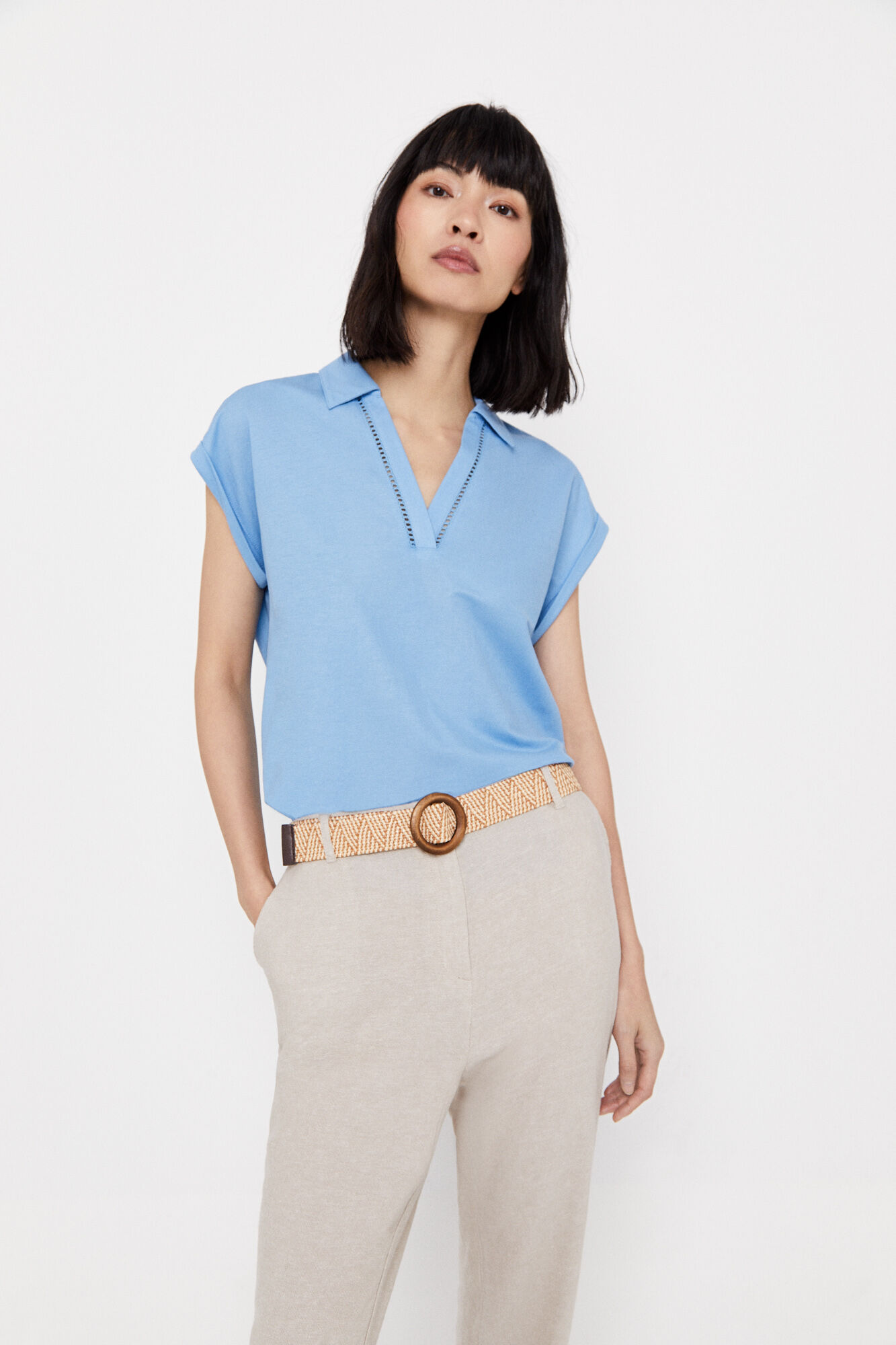 Camisa polo com bainha aberta - Azul