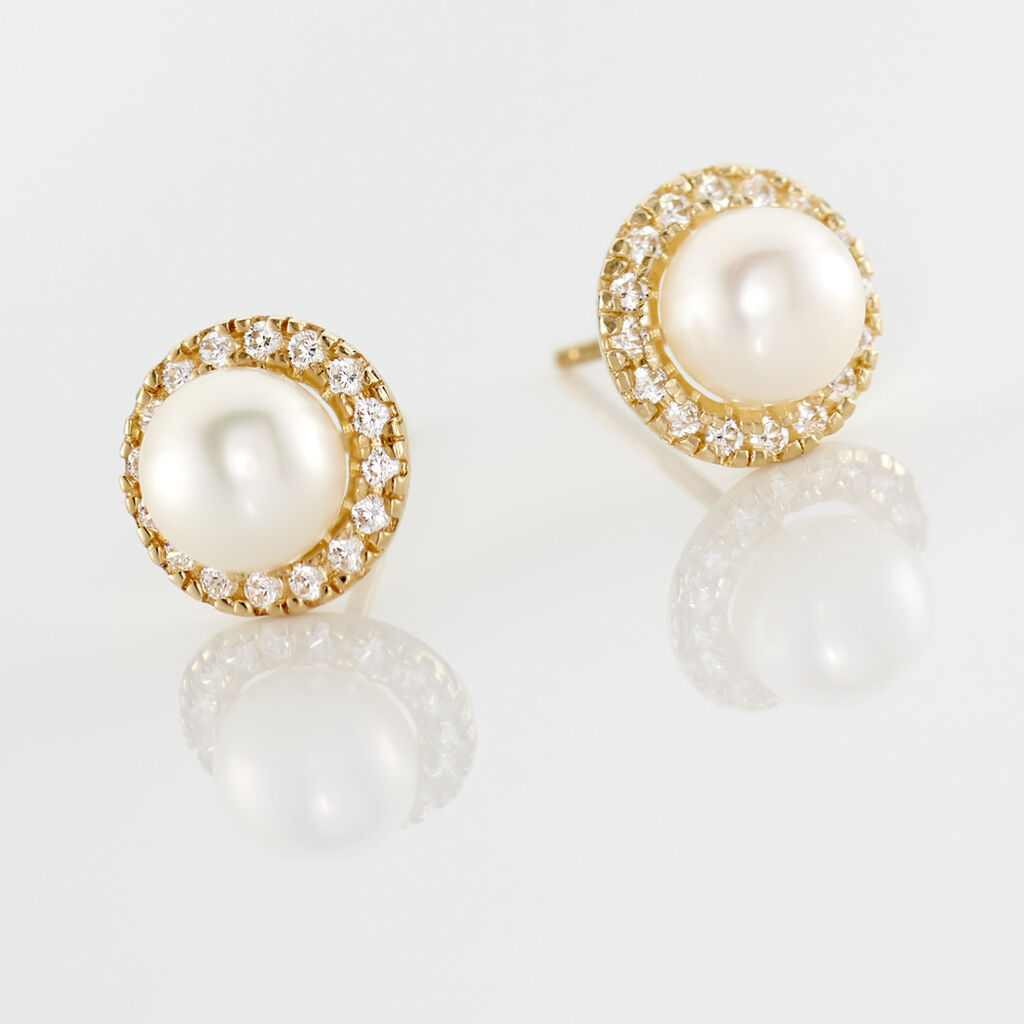 Boucles D'oreilles Puces Grizel Or Jaune Perle De Culture Et Oxyde
