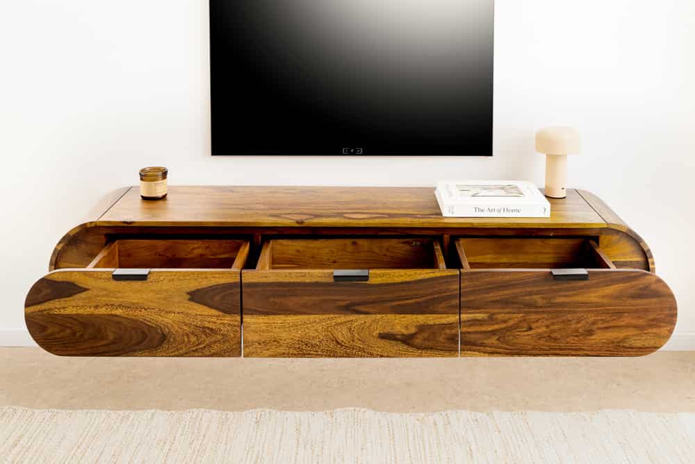 Hängendes TV-Board ORGANIC 160cm braun stone finish Sheeshamholz massiv mit Schubladen